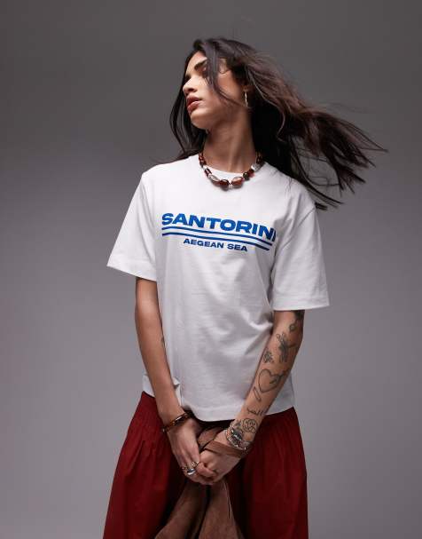 Topshop – Biały T-shirt oversize z grafiką z napisem Santorini - view 1