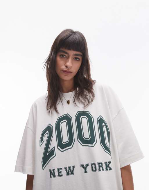 Topshop – Biały T-shirt premium o kroju oversize z grafiką z napisem 2000 New York