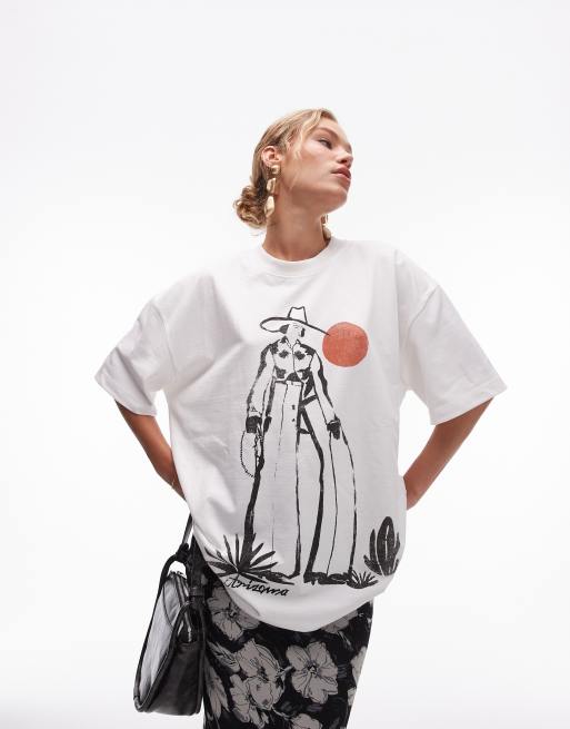 Topshop – Biały T-shirt premium o kroju super oversize z grafiką z motywem kowbojki