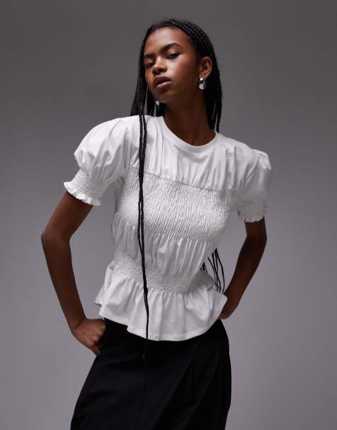 Topshop – Biały T-shirt z marszczoną wstawką - view 1