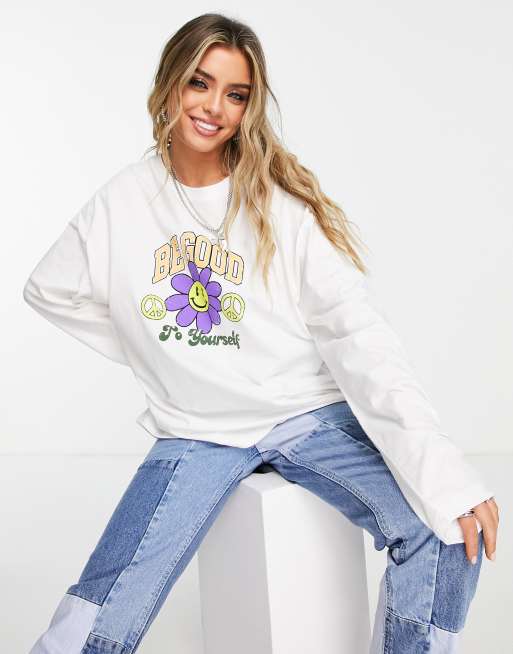 Topshop – Biały top oversize z długimi rękawami i napisem „Be Good”
