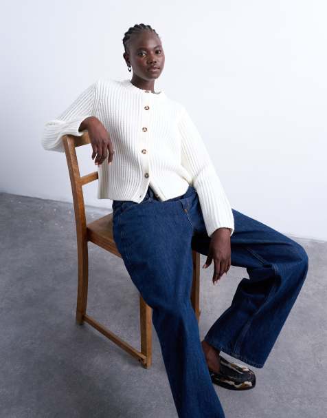 Topshop knitted ribbed crew relaxed button cardigan in white