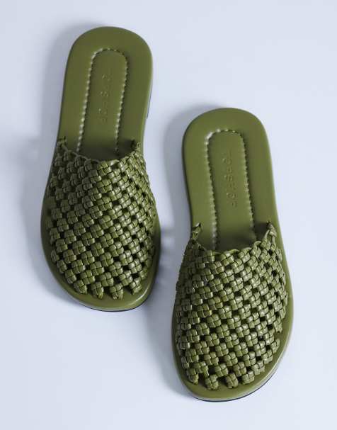 Topshop – Bibi – Oliwkowe plecione klapki - view 1