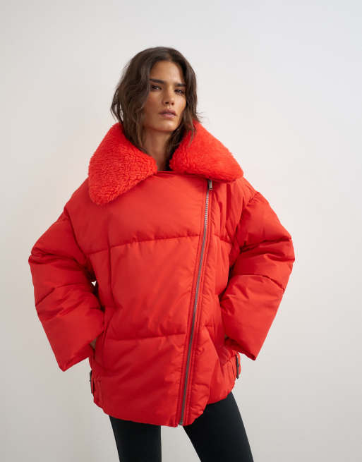 Topshop biker puffer met afneembare borgkraag in rood, 2 van 4