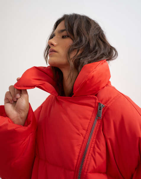 Topshop Biker-Pufferjacke mit abnehmbarem Teddykragen in Rot - view 1