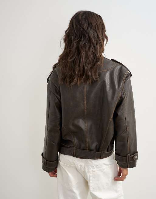 Topshop Bikerjacke aus Kunstleder in Braun, 4 von 4