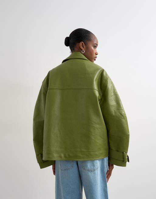 Topshop – Bikerjacke aus Kunstleder in Grün mit Stehkragen, 2 von 4