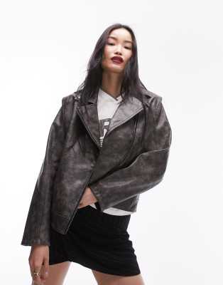 Topshop - Bikerjacke aus Kunstleder in verwaschenem Grau