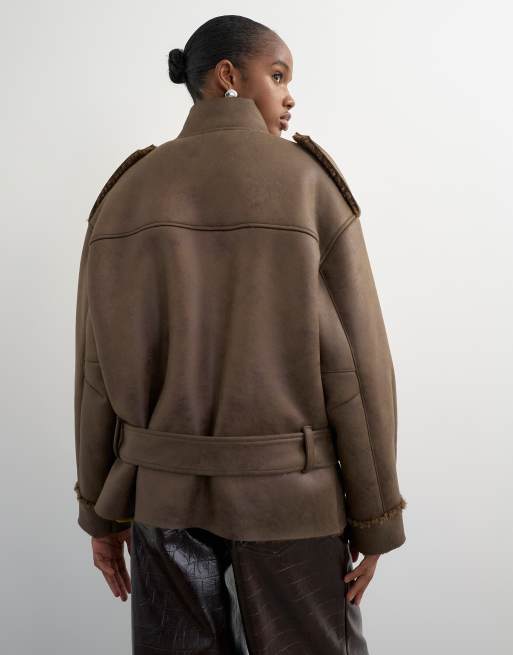 Topshop Bikerjacke aus Lammfell in Khaki, 4 von 4