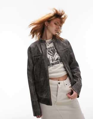 Topshop - Bikerjacke aus schwarzem Echtleder mit Rennsport-Design und Streifendetail