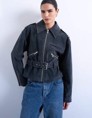 Topshop - Bikerjacke aus Wildlederimitat in Anthrazit mit niedrigem Gürtel-Grau