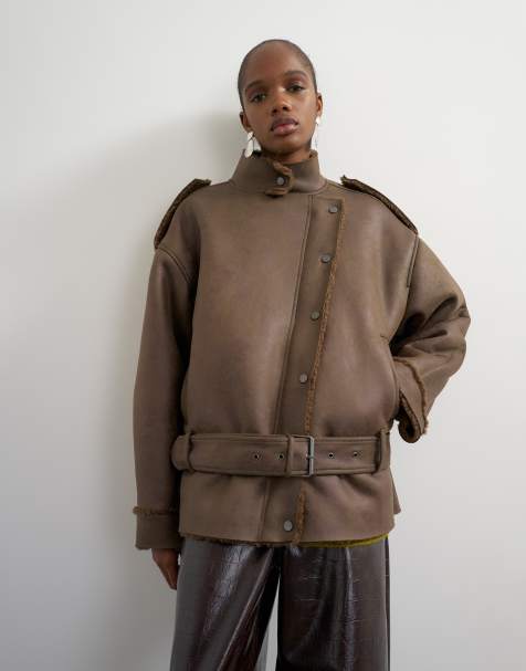 Topshop bikerjakke i khaki med imiteret lammeskind - view 1