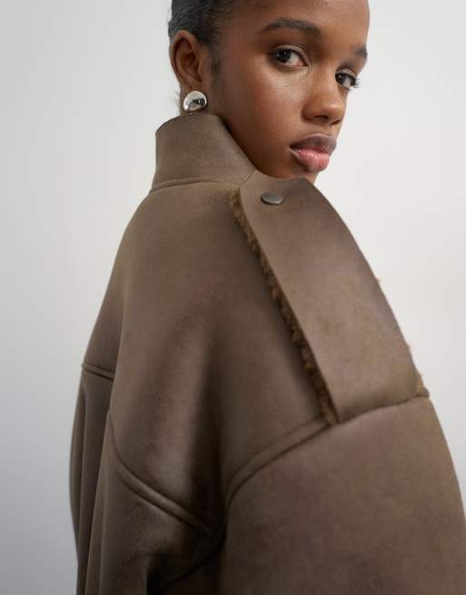 Topshop bikerjakke i khaki med imiteret lammeskind, 3 af 4