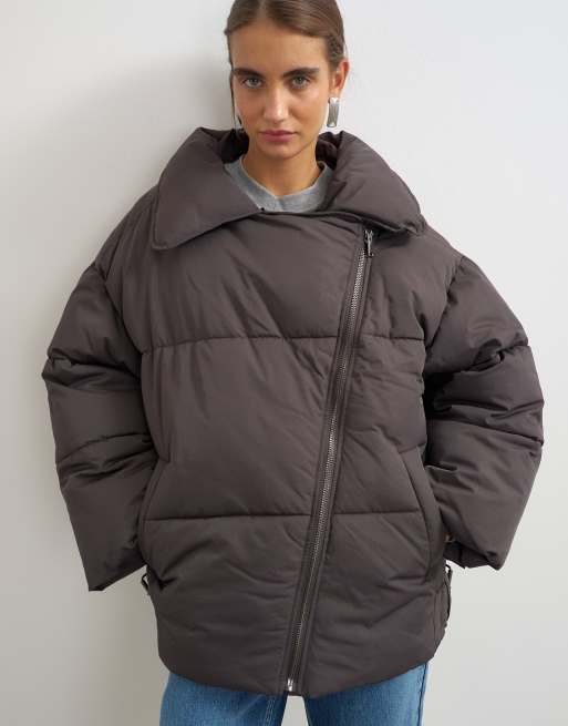 Topshop bikerpufferjacka med avtagbar teddykrage i chokladbrun, 2 av 4