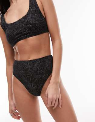 Topshop - Bikinihose in Schwarz mit hohem Bund und glitzerndem Blattmuster