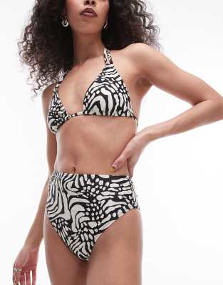 Topshop - Bikinihose mit Animal-Print in Schwarz-Weiß mit hohem Bund