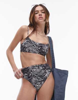 Topshop - Bikinihose mit Tierfellmuster in Schwarz-Weiß, hoher Taille und hohem Beinausschnitt-Bunt