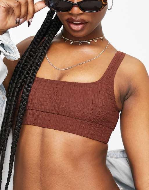 Topshop – Bikinioberteil in Schokoladenbraun mit Raffung und eckigem Ausschnitt