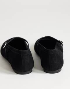 Model wearing Billy real suede ballet flat with buckle in black