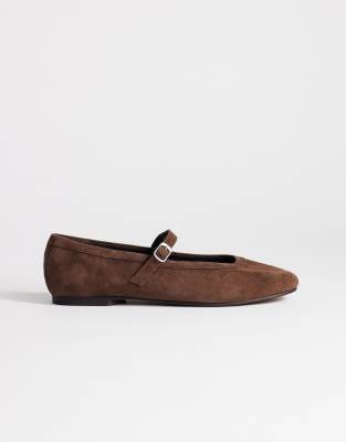 Topshop Billy Real Suede Ballet Flat With Buckle In Brown