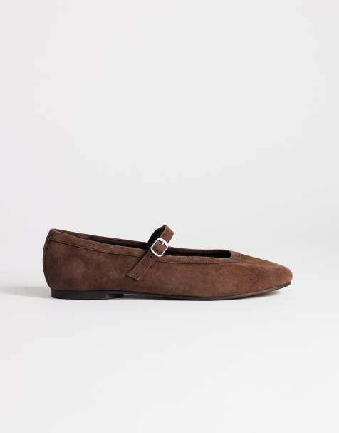 Topshop Billy real suede ballet flats with buckle in chocolate - view 1