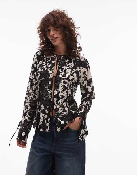 Topshop binding bed jacket in blurred black and white floral - view 1