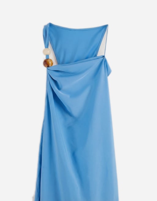 Topshop - Blå asymmetrisk maxikjole til særlige lejligheder med perledetaljer i halsen i satin, 7 af 11