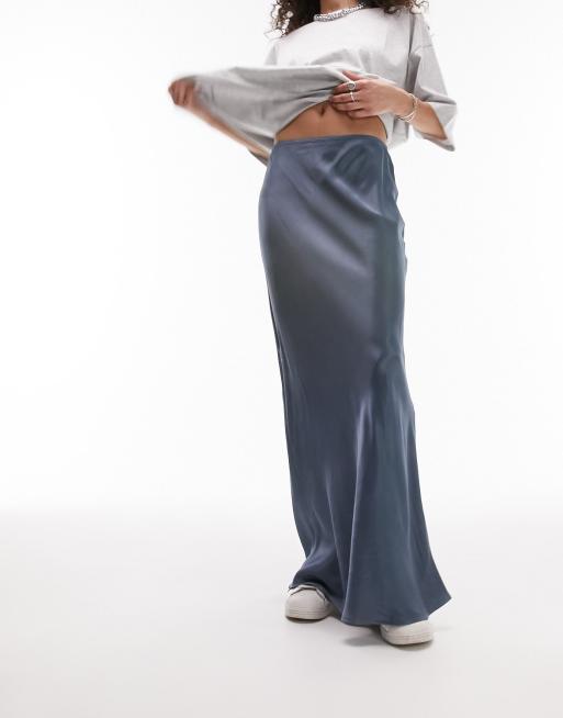 Topshop - Blå, asymmetrisk maxinederdel i satin