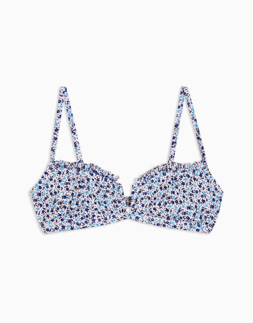 Topshop - Blå bikinitop med V-front og flæsedetaljer i småblomstret print, 3 af 3