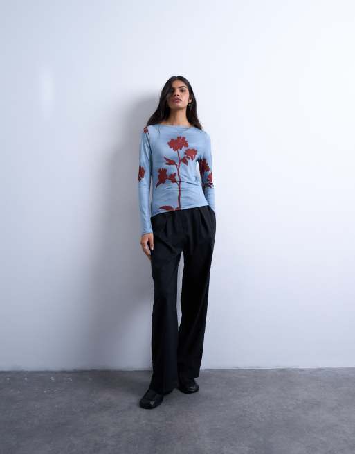 Topshop – Blå, blommig topp i mikrofiber med långa ärmar, 2 av 4