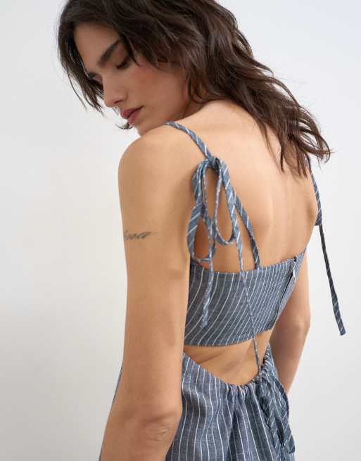 Topshop - Blå denimkjole med åben ryg og smalle stropper og striber, 3 af 4