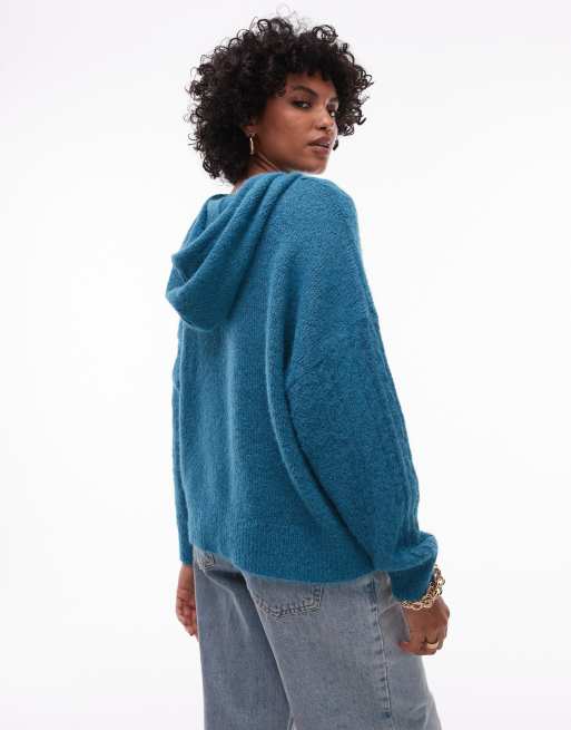 Topshop – Blå, flätstickad och fluffig huvtröja