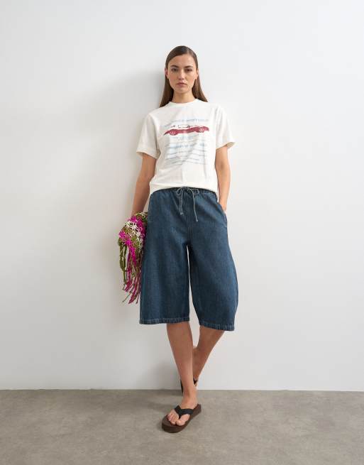 Topshop – Blå jeansshorts i dra på-modell med barrelben, 3 av 5