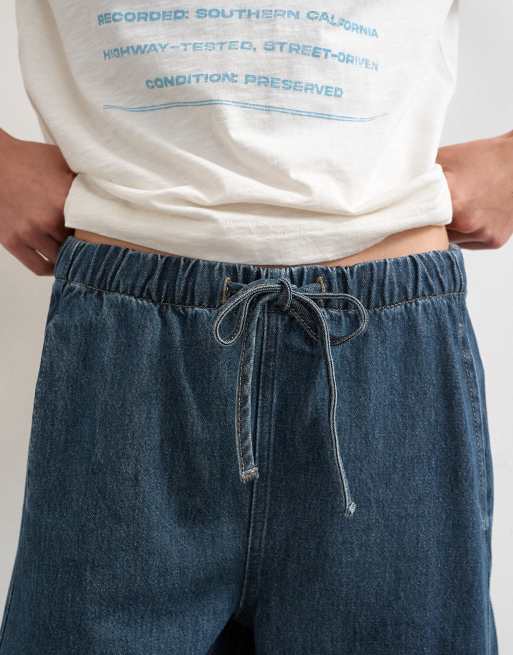 Topshop – Blå jeansshorts i dra på-modell med barrelben, 4 av 5