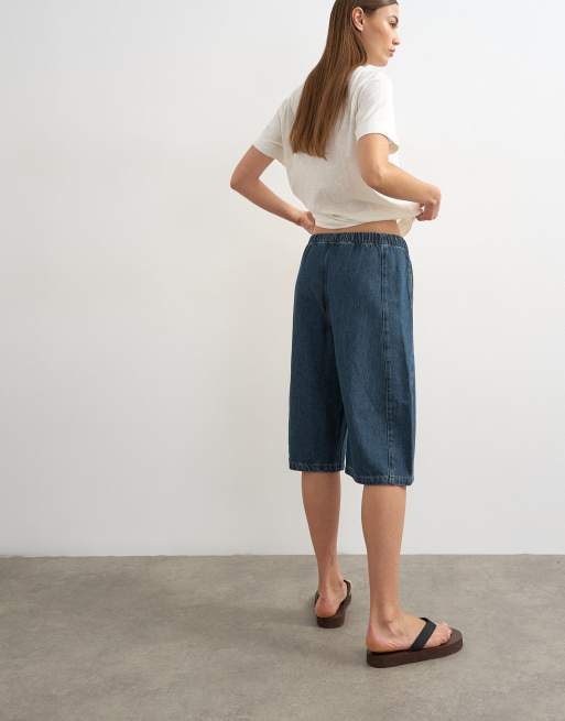 Topshop – Blå jeansshorts i dra på-modell med barrelben, 5 av 5