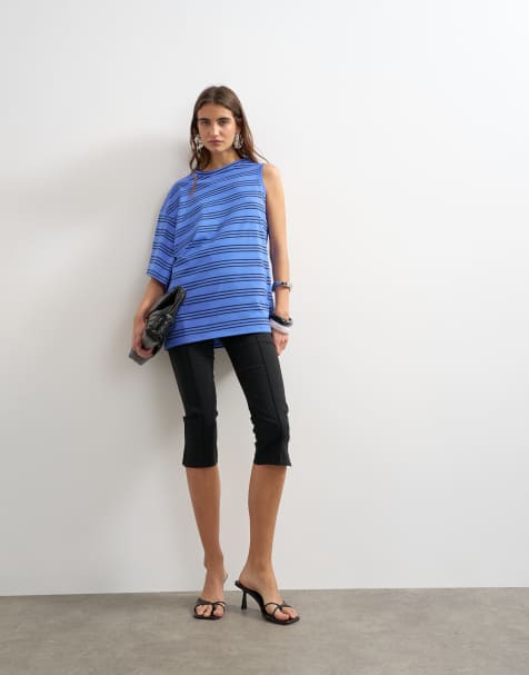 Topshop - Blå kappetop med asymmetrisk snit og striber - view 1