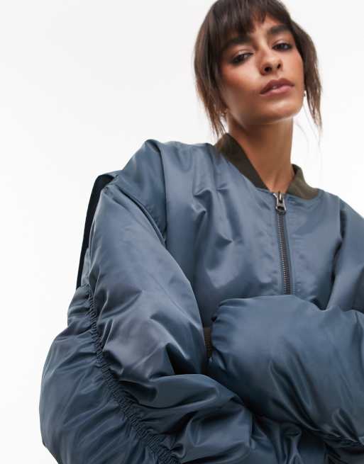 Topshop – Blå klassisk bomberjacka i oversize och nylon, 3 av 4