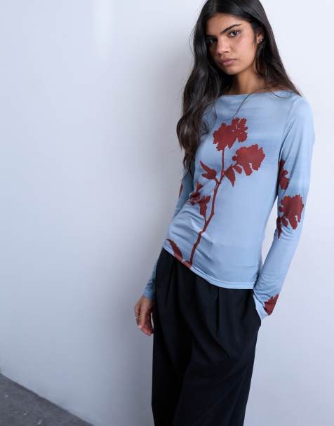 Topshop - Blå langærmet top i mikrofibermateriale med blomsterprint - view 1