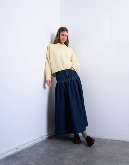 Topshop – Blå maxikjol i denim med rynkat ok, 2 av 5