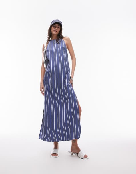 Topshop - Blå maxikjole uden ærmer med høj benskæring og søjlesnit i stribet print - view 1