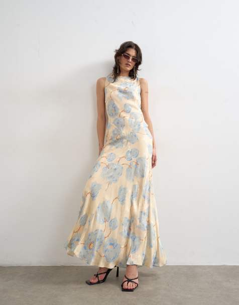 Topshop - Blå midikjole i satinjacquard med blomstermønster og racerhals - view 1