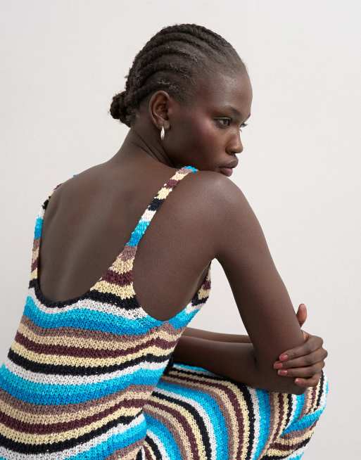 Topshop - Blå midikjole i strik med flerfarvede striber, 2 af 4