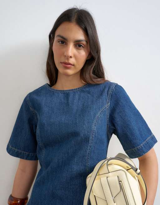 Topshop - Blå minikjole med bådudskæring og strukturerede ærmer, 4 af 4