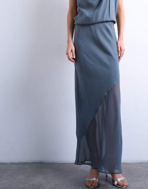 Topshop - Blå nederdel med skråsnit i satinblanding, 4 af 4