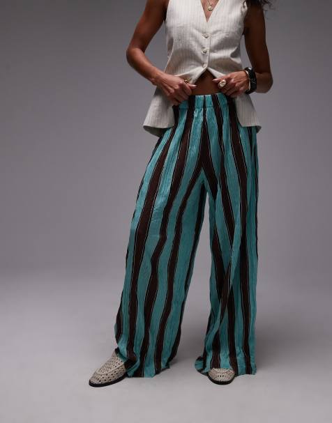 Topshop – Blå och bruna, randiga, krinklade byxor med vida ben - view 1