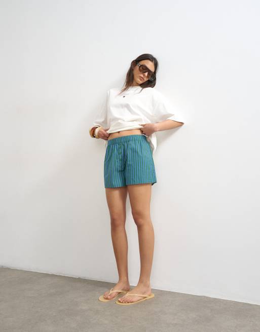 Topshop – Blå- och grönrandiga, a-linjeformade boxershorts i poplin, 2 av 5