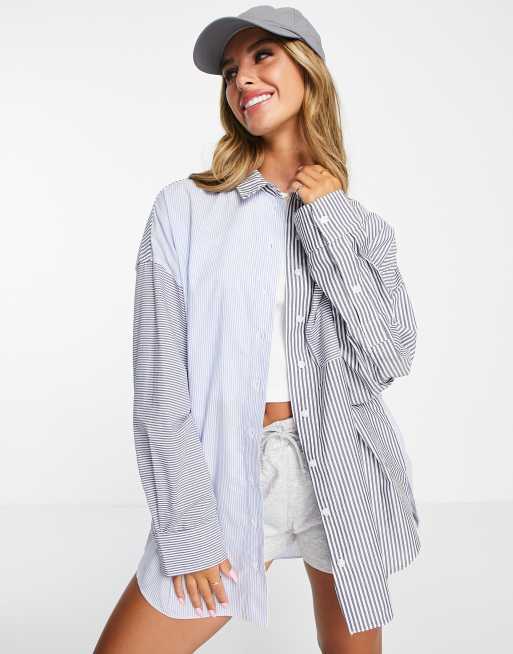 Topshop - Blå oversized skjorte med stribet patchworkdesign 