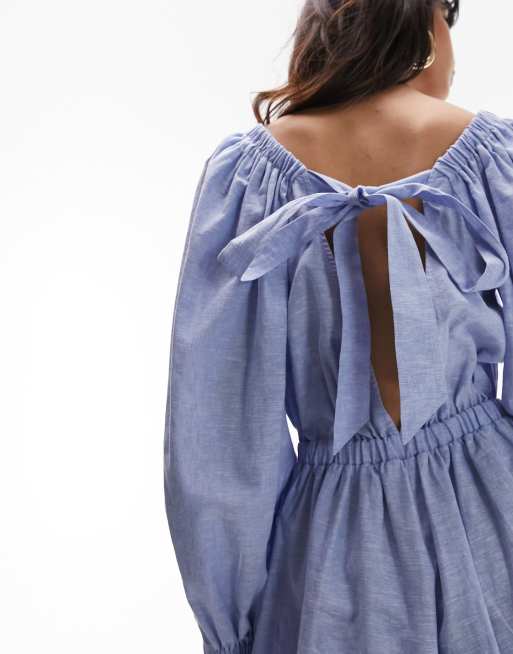 Topshop – Blå playsuit med resårmidja och långa ärmar, 3 av 4