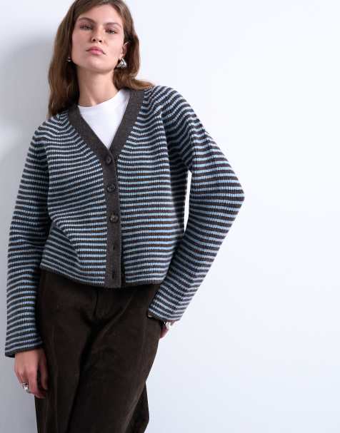 Topshop – Blå, randig, stickad kofta - view 1