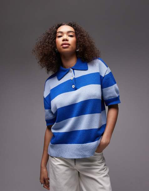 Topshop – Blå, randig, stickad pikétröja med boxig passform - view 1